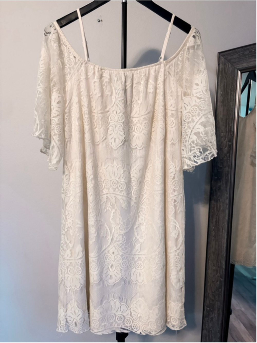 J Gee White Lace Cold Shoulder Mini Dress Adjustable Straps Boho Cottagecore M